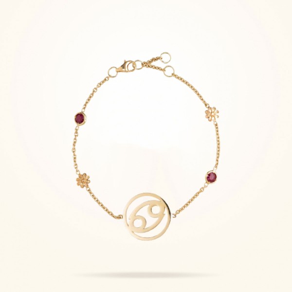 MARVVA - Cancer Zodiac Daisy Bracelet with its Birthstone(Ruby), Yellow Gold 18k.