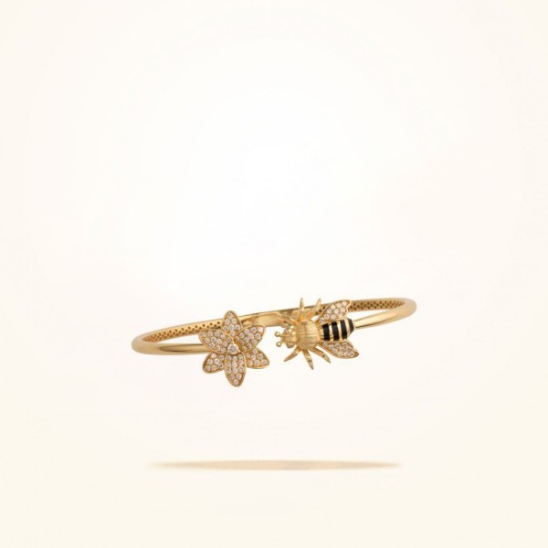 MARVVA - Large Sized Honeybee Bangle, Diamond, Yellow Gold 18k