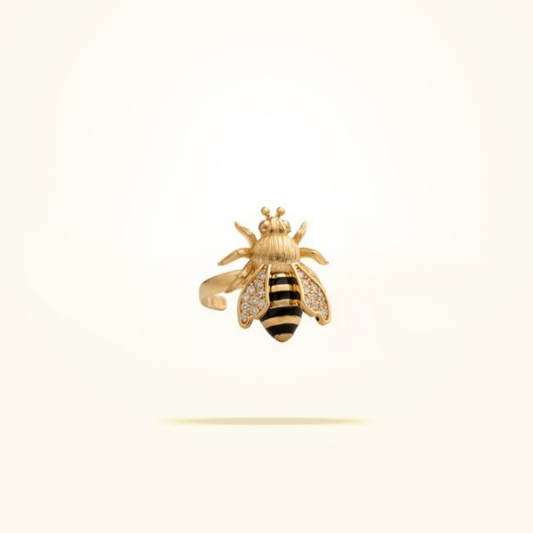 MARVVA - Large Sized Honeybee Ring, Diamond, Yellow Gold 18k