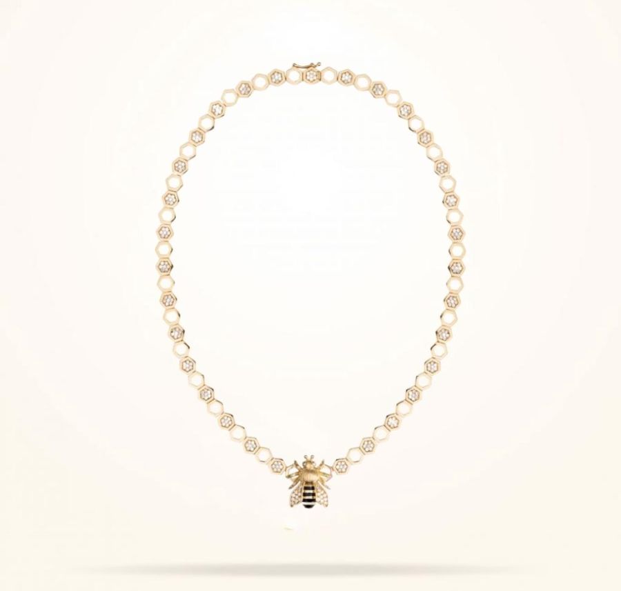 Large Sized Honeybee Necklace, Diamond, Yellow Gold 18k
