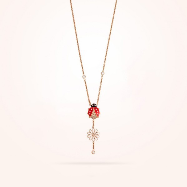 MARVVA - Medium Sized Ladybug with 13mm Daisy Pendant, Diamond, Rose Gold 18k