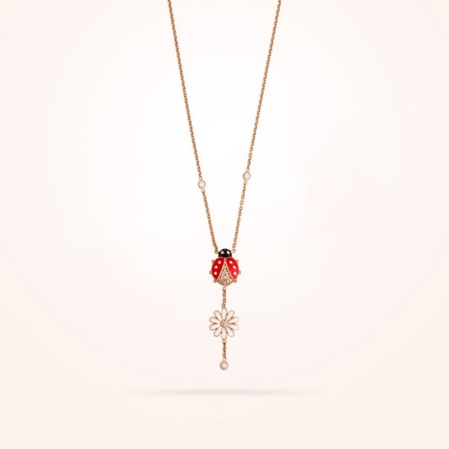 Medium Sized Ladybug with 13mm Daisy Pendant, Diamond, Rose Gold 18k
