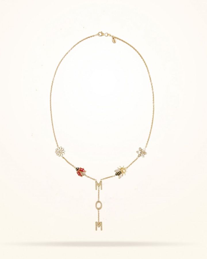 Personalised “MOM” Necklace with Charms, Diamond, Yellow Gold 18k