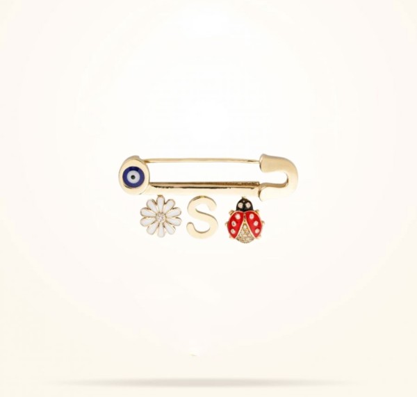 MARVVA - Personalised New Born Pin with Charms, Diamond, Yellow Gold 18k.