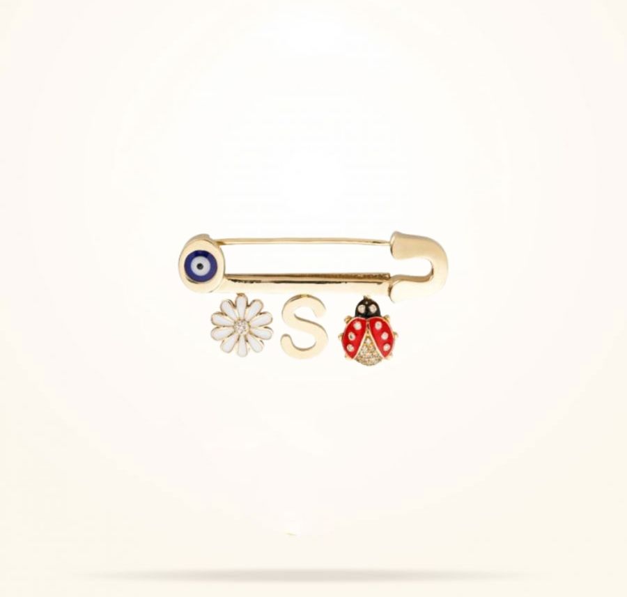 Personalised New Born Pin with Charms, Diamond, Yellow Gold 18k.