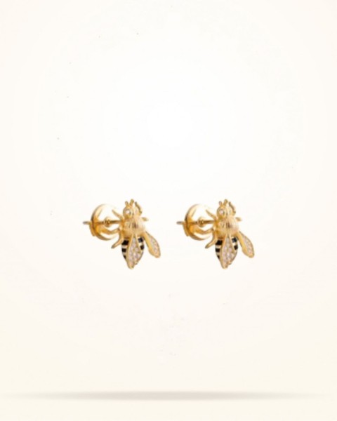 MARVVA - Small Sized Honeybee Earrings, Diamond, Yellow Gold 18k