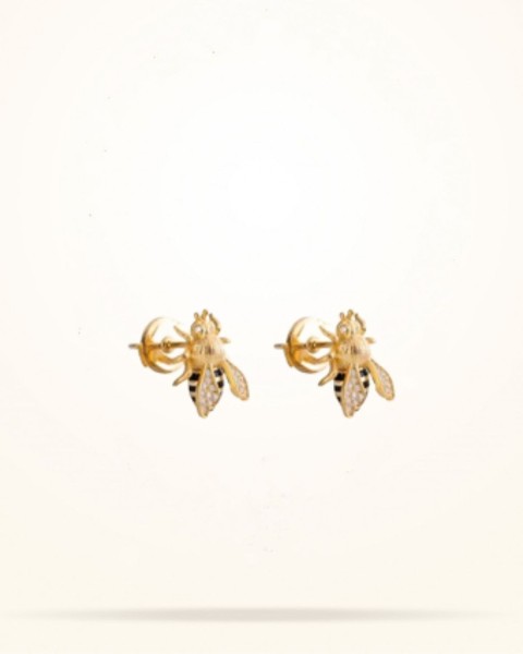 Small Sized Honeybee Earrings, Diamond, Yellow Gold 18k - Thumbnail