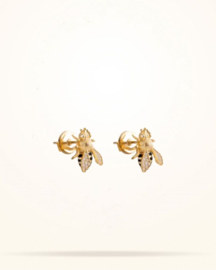 Small Sized Honeybee Earrings, Diamond, Yellow Gold 18k