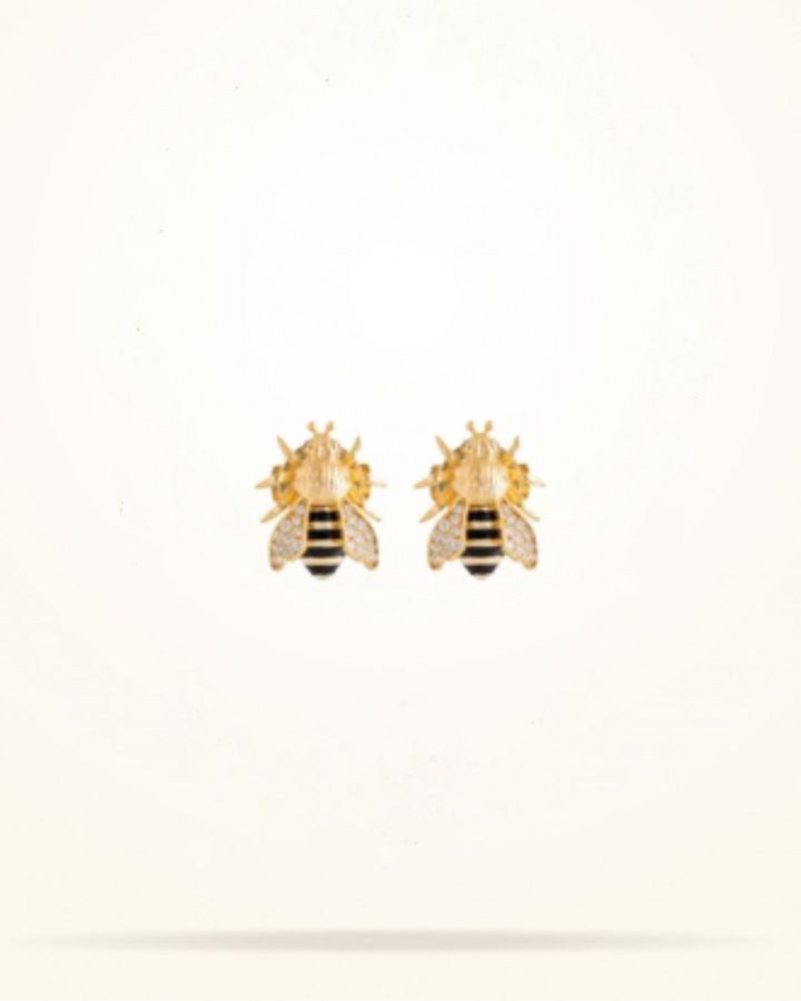 Small Sized Honeybee Earrings, Diamond, Yellow Gold 18k