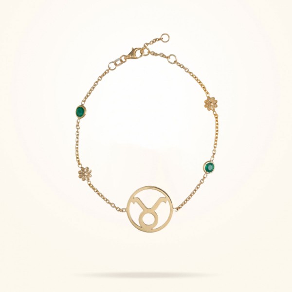 MARVVA - Taurus Zodiac Daisy Bracelet with its Birthstone (Emerald), Yellow Gold 18k.